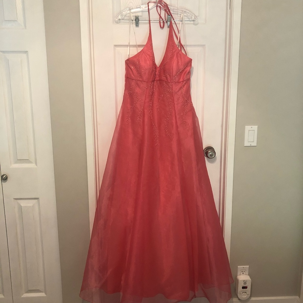 Coral A line Halter Grad/Prom Dress